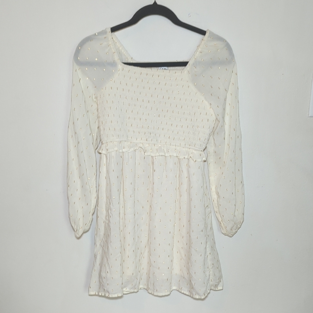 Art Class Off-White Smocked Dress with Gold Dots, Lined, Girls Size L 10/12